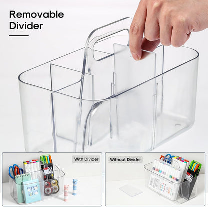 Multiuse Caddy Organizer with Handle, Portable Divided Plastic Tote Bin - Art Craft, Stationary Pen Marker Crayons, Makeup Hair Supplies Storage - Bathroom, Classroom, Dorm, Office, Desk Holder - Pink