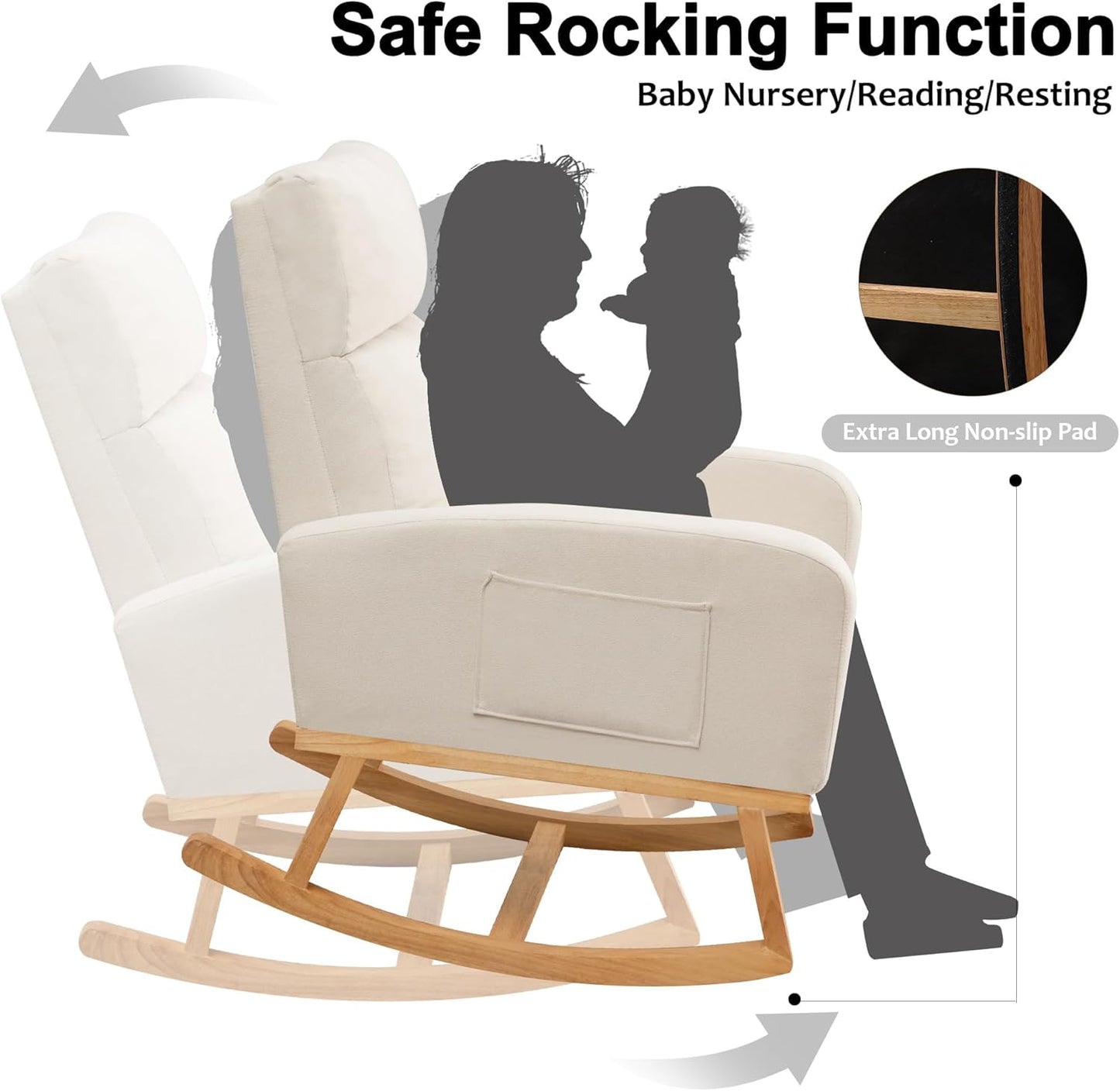Rocking Chair Nursery, Upholstered Nursing Rocker Chair for Mom with High Backrest and Side Pockets for Bedroom Living Room, Beige