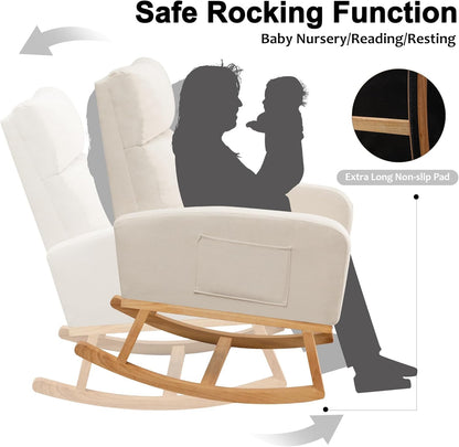 Rocking Chair Nursery, Upholstered Nursing Rocker Chair for Mom with High Backrest and Side Pockets for Bedroom Living Room, Beige