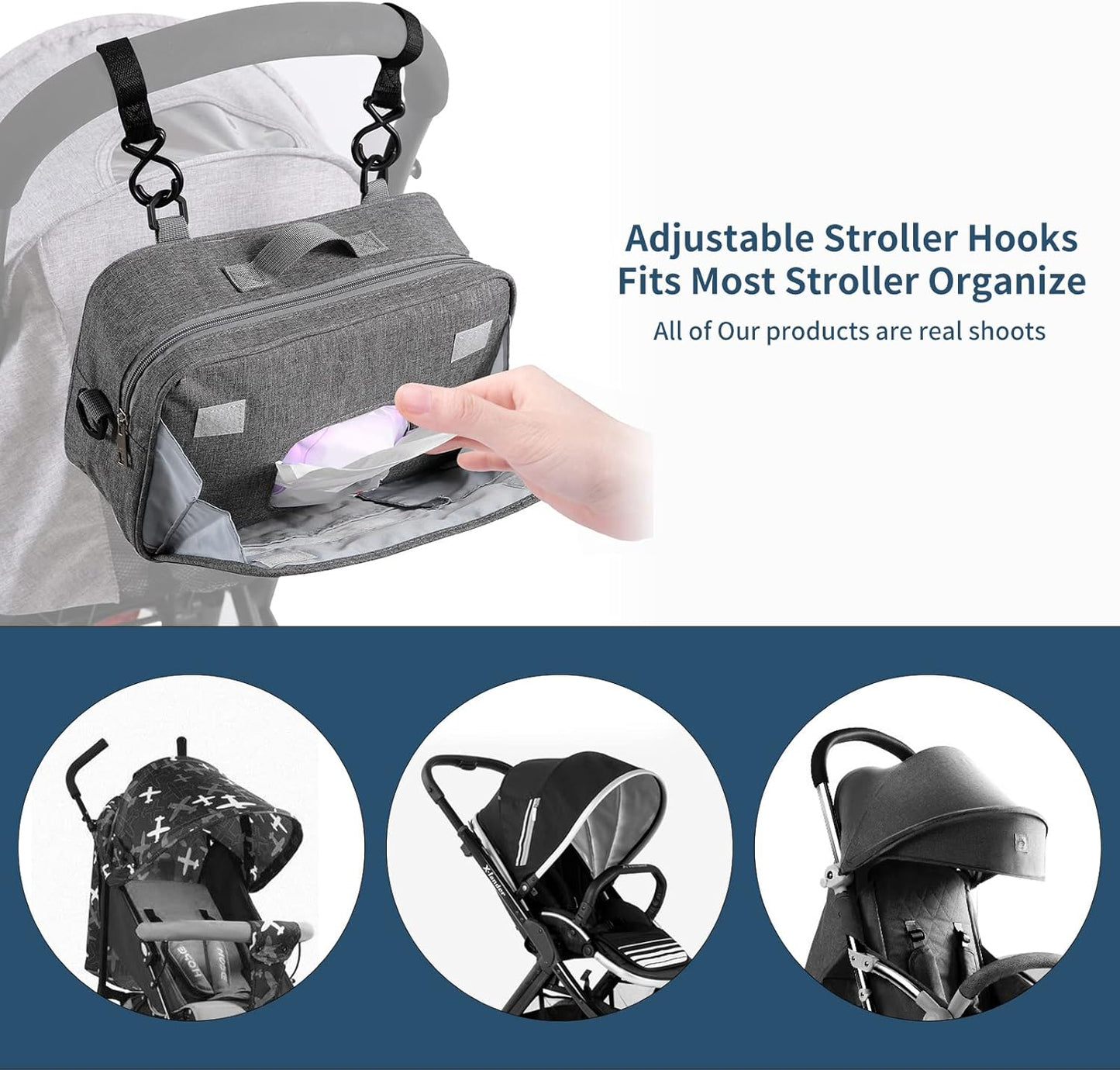 TRENDPLAY Small Diaper Bag, Mini Stroller Organizer Caddy with Wipe Pockets Caddy Parent Console with Stroller Straps Fit All Strollers, Black