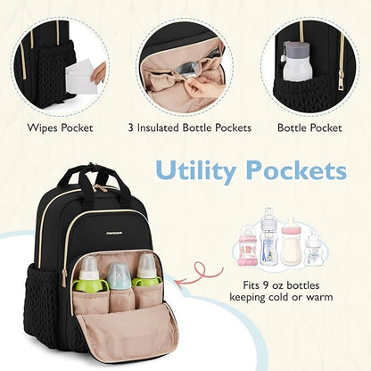 mommore Diaper Bag Backpack, Stylish Travel Baby Bag with Insulated Pockets, Changing Pad and Stroller Straps for Toddler (L-Pink, Large-27L)