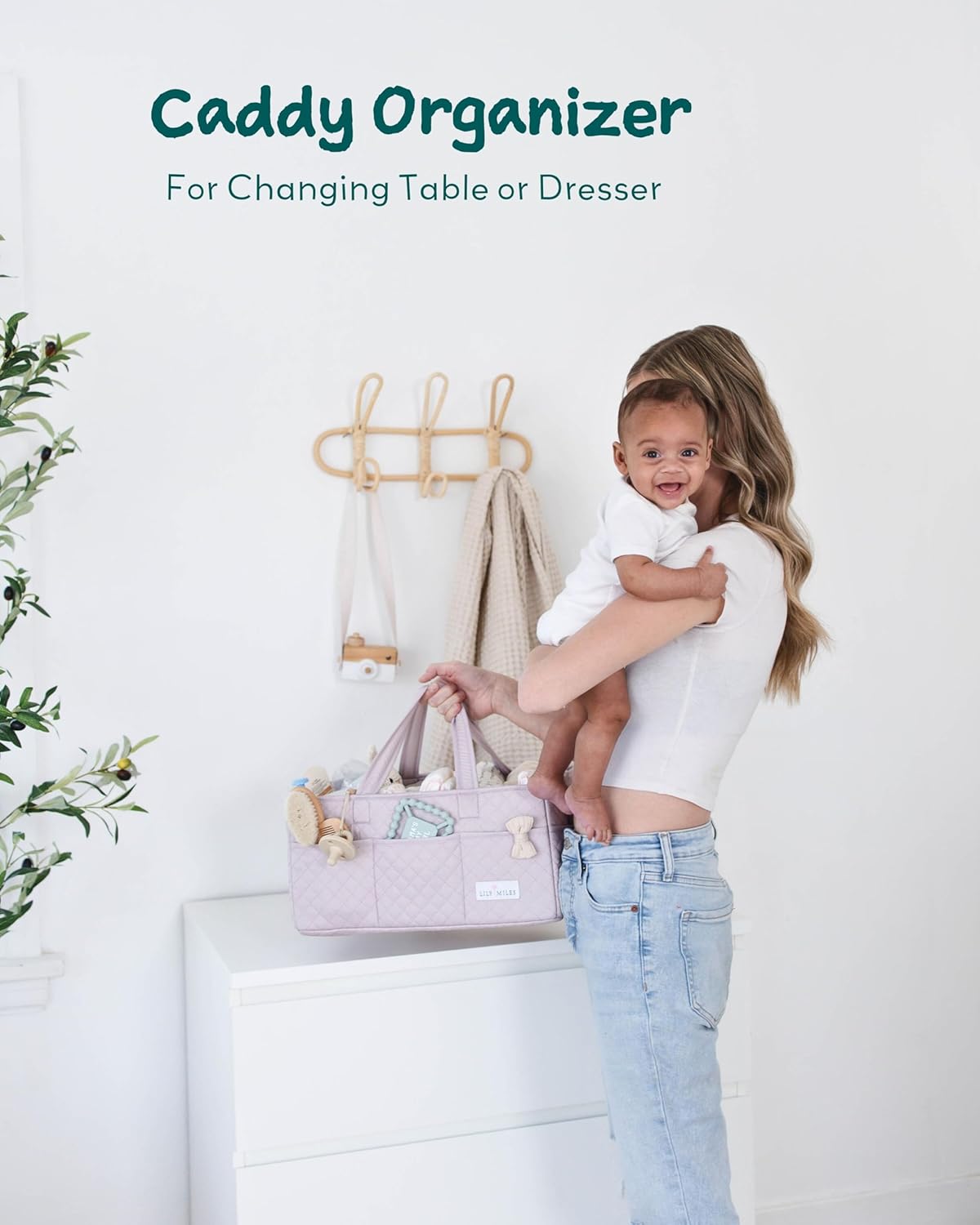 Lily Miles Baby Diaper Caddy Organizer, Quilted Nursery Storage Basket for Newborn Essentials and Diaper Changing Station, Gift for Baby Shower and Registry Must-Have (Willow Green)