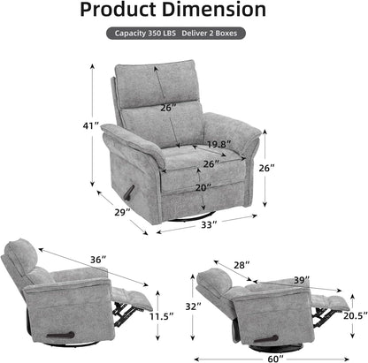 Oversized Glider Rocker Recliner, 26" Extra Wide 360° Swivel Nursery Recliner with Adjustable Headrest, Chenille Rocking Nursery Chair with Overstuffed Armrest, Lumbar Support, Light Grey