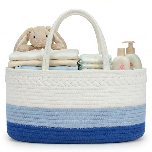 luxury little Diaper Caddy Organizer, Large Cotton Rope Nursery Baby Basket, Changing Table Organizer for Baby Diaper Storage, Portable Car Organizer Removable Divider (Blue, Large)