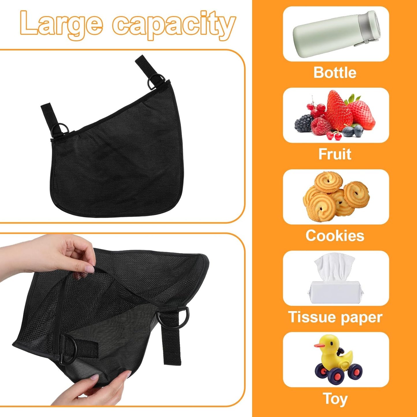 Qianyu 2 Pack Universal Side Sling Stroller, Cargo Net Portable Adjustable Strollers Storage Bag Black Organizer Mesh Bag with Non-Slip Straps to Increase Extra Stroller Storage Space
