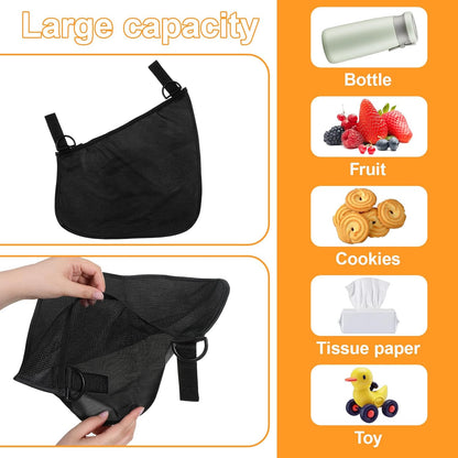 Qianyu 2 Pack Universal Side Sling Stroller, Cargo Net Portable Adjustable Strollers Storage Bag Black Organizer Mesh Bag with Non-Slip Straps to Increase Extra Stroller Storage Space