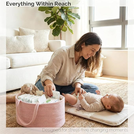 luxury little Diaper Caddy Organizer, Large Cotton Rope Nursery Baby Basket, Changing Table Organizer for Baby Diaper Storage, Portable Car Organizer Removable Divider (Light Pink, Large)