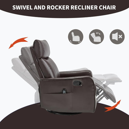 Swivel Rocker Recliner Chair for Adults, Nursery Rocking Chair with Heat and Massage, Glider Reclining Chair for Small Space Living Room Bedroom, Faux Leather Black