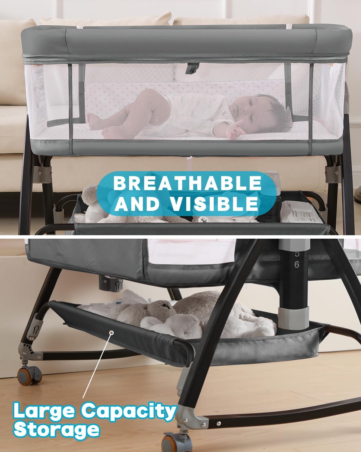 Bedside Bassinet for Baby, 3 in 1 Breathable Mesh Baby Bassinet, 6 Height Adjustable, Easy to Assemble, Bassinet Bedside Sleeper with Wheels, Mosquito Net, Storage Basket, Bassinets for Newborn Baby | Multi-functional