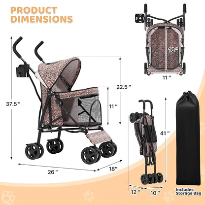 Magshion Compact Pet Stroller for Small-Medium Dogs/Cats up to 22lbs, 4-Wheel Lightweight Umbrella Shaped Portable Puppy Travel Jogger with Breathable Mesh, Cup Holder & Rear Storage, Black