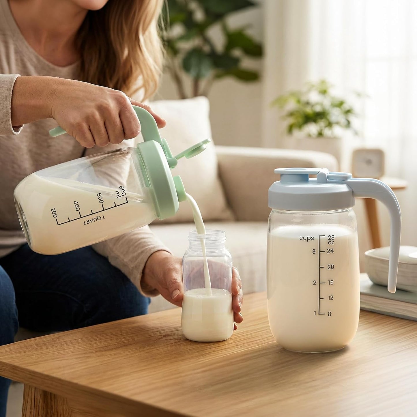 Breast Milk Pitcher 32 OZ, Heat & Cold Resistant, Sudden Temperature Safe, Fast Baby Formula Maker with Wide Mouth, No Leak Borosilicate Glass Fridge Storage Container for Juice, Cold Brew-Blue