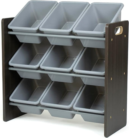 Humble Crew 9-Bin Toy Organizer – Sumatra Espresso/Grey Plastic Bins, 3-Tier Storage Solution for Kids' Playrooms and Nurseries