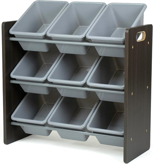 Humble Crew 9-Bin Toy Organizer – Sumatra Espresso/Grey Plastic Bins, 3-Tier Storage Solution for Kids' Playrooms and Nurseries