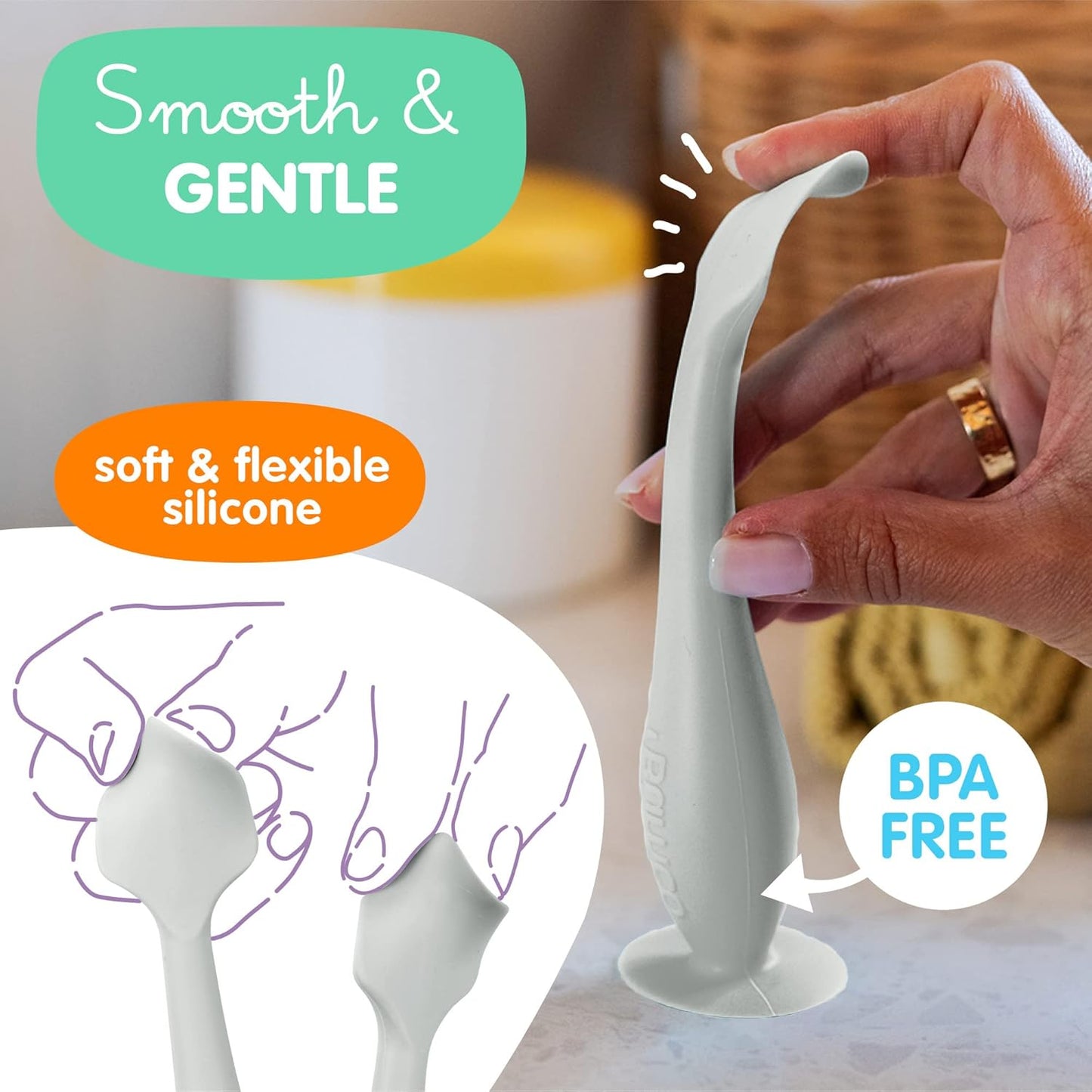 Bumco Baby Bum Brush - BPA-Free Diaper Cream Spatula with Suction Cup Base, Soft & Flexible Silicone, Wipe-Clean, Mom-Invented Diaper Bag Essentials (Gray)