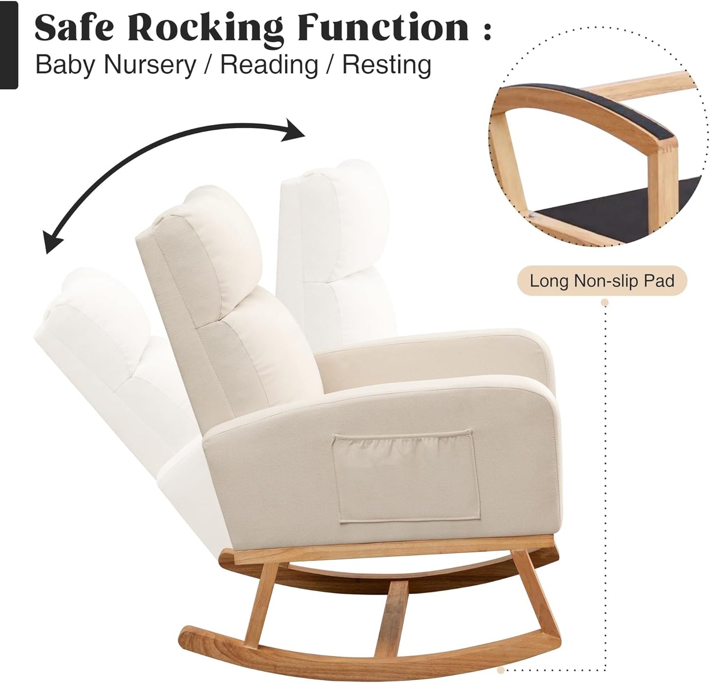 HCHAIRH Rocking Chair Nursery, Upholstered Fabricr Nursing Rocking Chairs with Soft High Back, Modern Nursery Glider Rocker for Mom Living Room, Bedroom, Camel