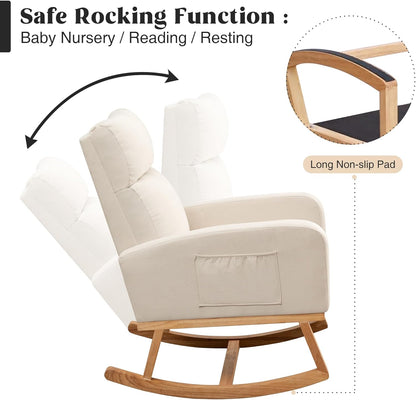 HCHAIRH Rocking Chair Nursery, Upholstered Fabricr Nursing Rocking Chairs with Soft High Back, Modern Nursery Glider Rocker for Mom Living Room, Bedroom, Camel
