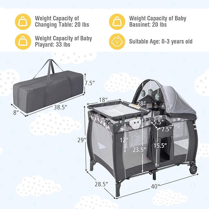 BABY JOY 4 in 1 Pack and Play, Portable Baby Playard with Bassinet, Adjustable Canopy, Changing Table, Lockable Wheels, Glowing Music Box, Travel Baby Crib Bassinet Bed from Newborn to Toddler
