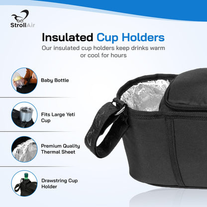 StrollAir - Universal Best Double Parent Stroller Organizer Caddy Insulated Cup Holder Console side-by-side Mountain Buggy TWIN WAY Bob Duallie Baby Jogger City Mini GT – Black