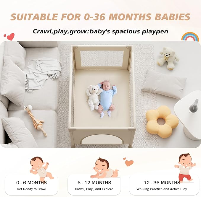 Portable Travel Crib & Playpen - Baby Safe Folding Travel Bed w/Mattress, Breathable Mesh | Compact Lightweight Baby Bed | Pack and Play for Babies & Toddlers (Khaki)