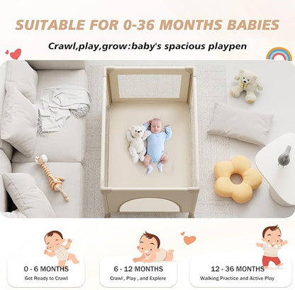 Portable Travel Crib & Playpen - Baby Safe Folding Travel Bed w/Mattress, Breathable Mesh | Compact Lightweight Baby Bed | Pack and Play for Babies & Toddlers (Khaki)