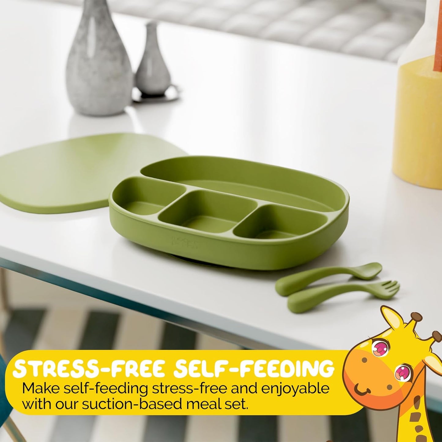 Toddler Necessities Baby Feeding Essentials Set for Baby in Green Color with Baby plates with Suction and Silicone Utensil Set - (3 Pieces)