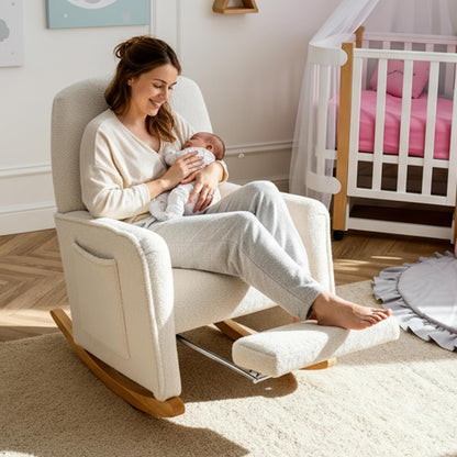 FOXHUNTER Rocking Chair Nursery with Adjustable Footrest and High Backrest, Upholstered Glider Chairs with Side Pockets for Nursery, Rocker Armchair Indoor for Living Room,Beige