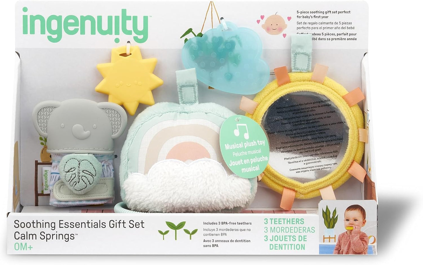 Ingenuity Soothing Essentials Wood Carrier Toy Bar, Montesorri-Inspired, 3 Removable Toys, for Ages 0-12 Months