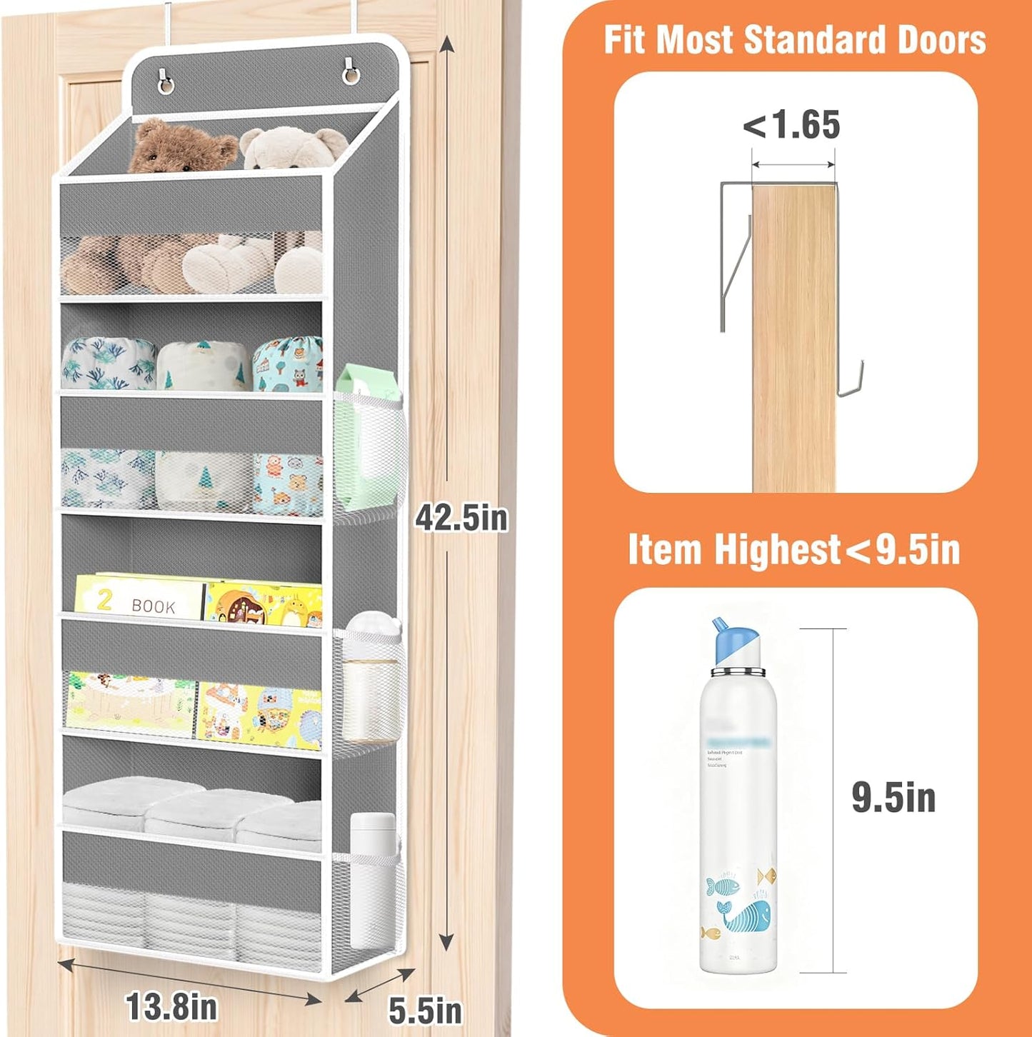 WISELIFE Over The Door Organizer Storage 4 Shelves Large Capacity Hanging Bedroom Storage Solution with 6 Side Pockets for Dorm Bathroom Pantry Nursery and Baby Essentials Holds up to 40 Lbs (Black)