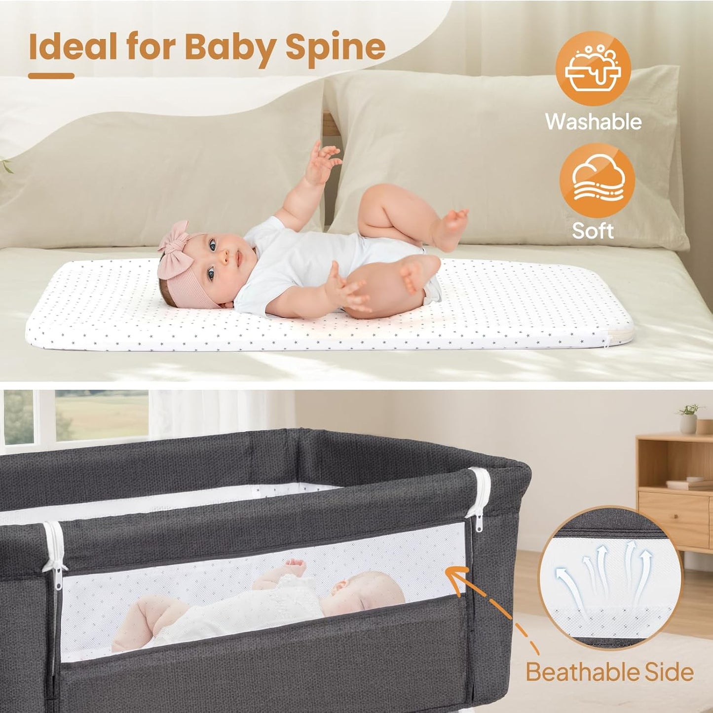 JOYMOR 3 in 1 Baby Bassinet, Bedside Bassinet for Baby, with Comfy Mattress and Wheels, 6 Height Adjustable Easy Folding Portable Bedside Crib for Newborn (Black)