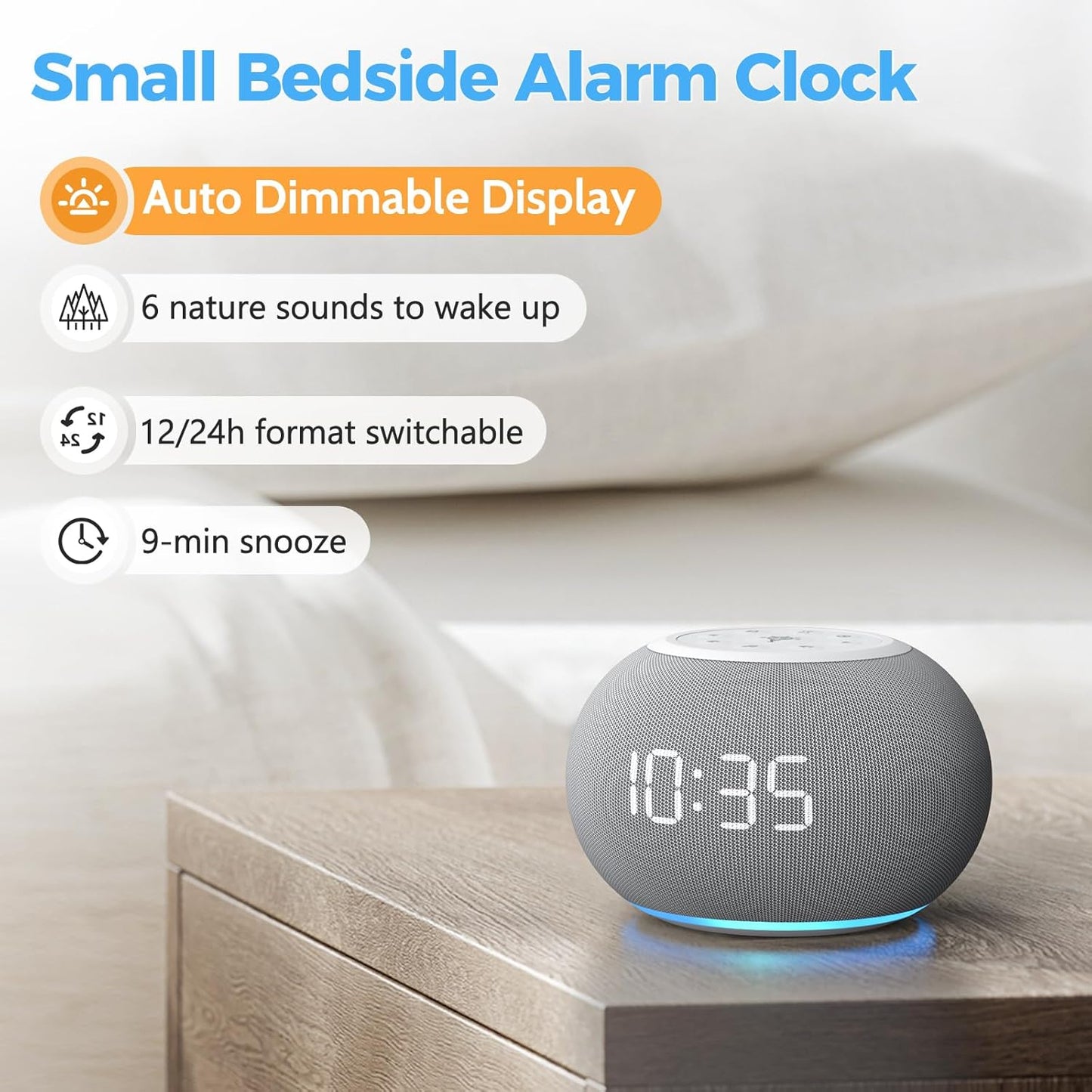 Reacher Auto-Dimmable Alarm Clock White Noise Machine with Night Light, 20 Soothing Sounds, Sleep Timer, Fabric LED Display, Precise Volume Control, Small Sound Machine for Nursery, Baby