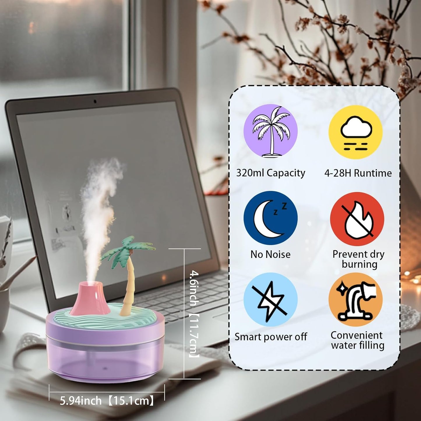 Cute Mini Humidifier 320mL Cool Mist Humidifie mute with 2 Mist Modes,for Home/Nursery/Office,Portable Mini Air Moisturizer,rechargeable mini humidifier(Gardenia pink)