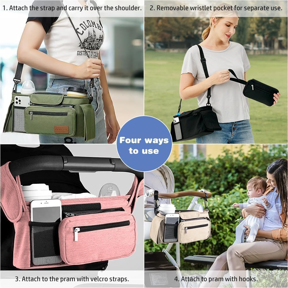 Baby Stroller Organizer, Universal Stroller Organizer with Detachable Phone Bag, Stroller Caddy with 2 Insulated Cup Holders, Buggy Organizer Bag with 2 Hooks Fits Most Strollers (Balck)