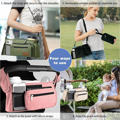 Baby Stroller Organizer, Universal Stroller Organizer with Detachable Phone Bag, Stroller Caddy with 2 Insulated Cup Holders, Buggy Organizer Bag with 2 Hooks Fits Most Strollers (Balck)