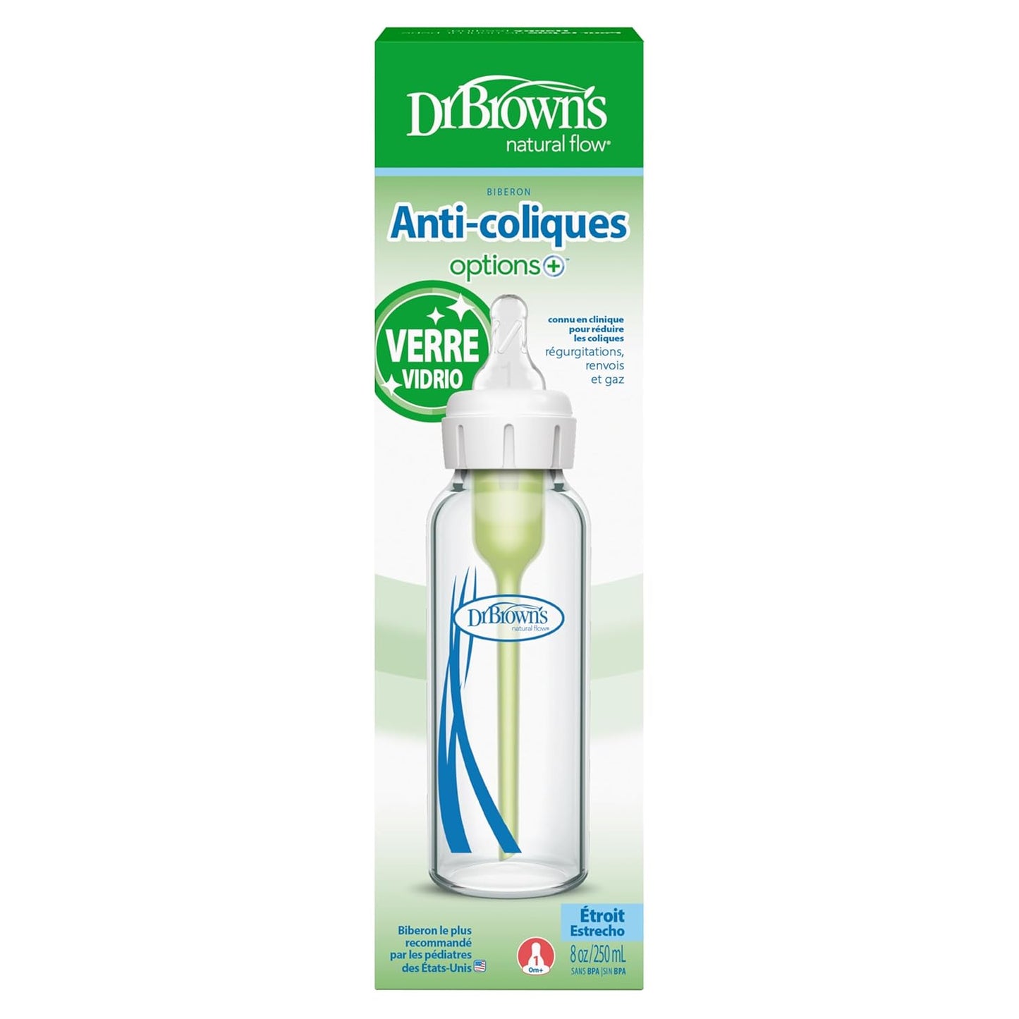Dr. Brown's Anti-Colic Options+ Narrow Glass Baby Bottle with Level 1 Slow Flow Nipple, BPA-Free, 8 oz/250 mL, 0m+, 4-Pack (Packaging May Vary)