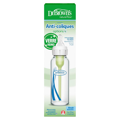 Dr. Brown's Anti-Colic Options+ Narrow Glass Baby Bottle with Level 1 Slow Flow Nipple, BPA-Free, 8 oz/250 mL, 0m+, 4-Pack (Packaging May Vary)