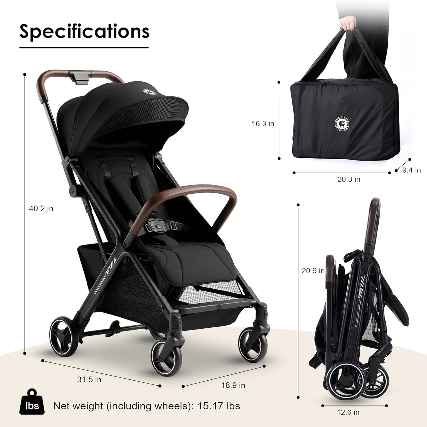Lightweight Travel Stroller, One-Hand Fold Airplane Carry-On, Compact Baby & Toddler Stroller with Cup & Phone Holder, 6.6 lbs Capacity Basket, Adjustable Reclining Backrest, Black