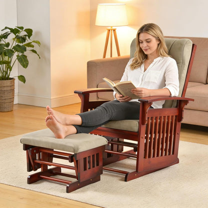 Rustic Rubber Wood Glider and Ottoman Set, Nursery Glider Chair for Breastfeeding and Relaxing, Comfortable Rocking Chair for Living Room and Bedroom（Tan）
