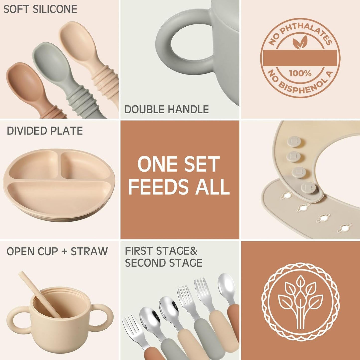 24 Pack Silicone Baby Feeding Set Baby LED Weaning Supplies Includes Suction Divided Plates Soft Bowl Spoons Forks Adjustable Bib Snack Cup and Straws(Gray Blue, Army Green, Beige)