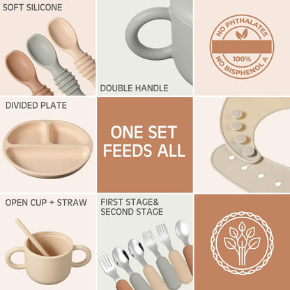 24 Pack Silicone Baby Feeding Set Baby LED Weaning Supplies Includes Suction Divided Plates Soft Bowl Spoons Forks Adjustable Bib Snack Cup and Straws(Gray Blue, Army Green, Beige)