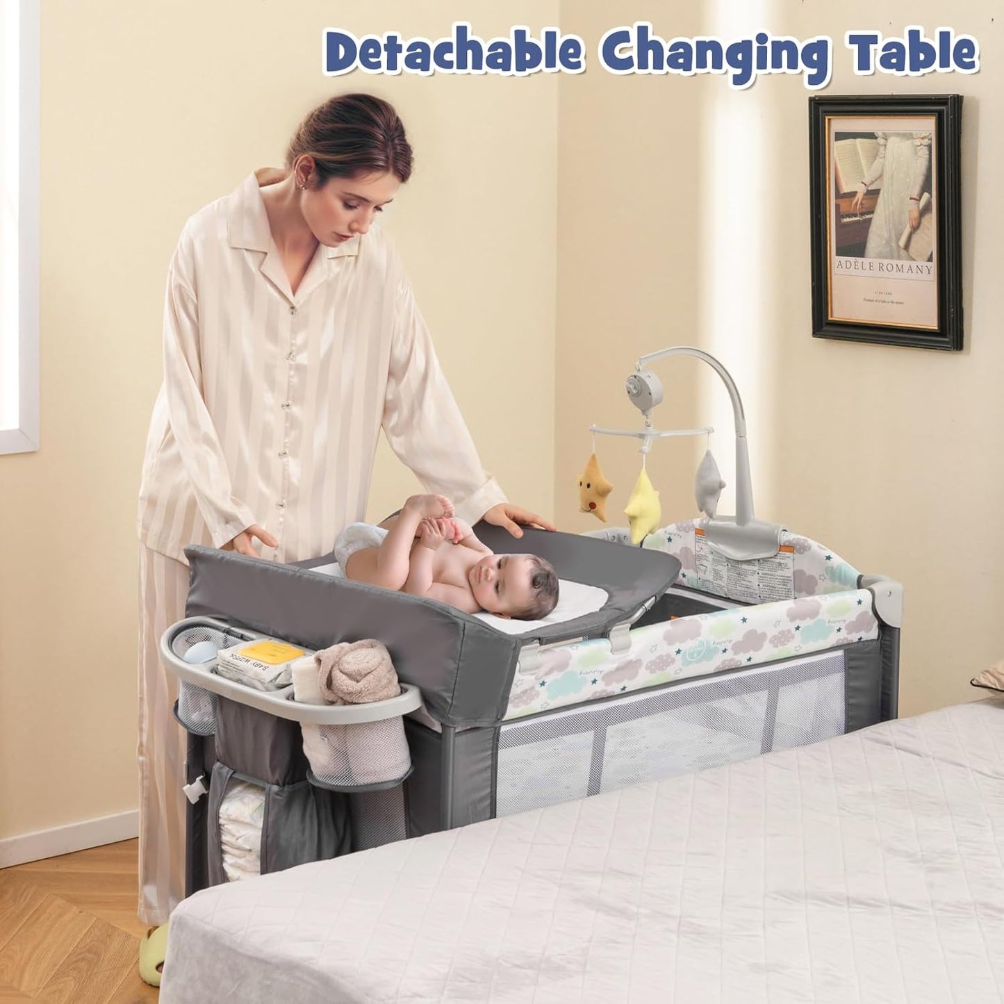 HONEY JOY Pack and Play with Bassinet, 5-in-1 Baby Bedside Sleeper w/Diaper Changing Table & Storage Bag, Toy Arch & Music Box, Detachable Side Rail, Portable Baby Play Yard w/Carry Bag(Gray)