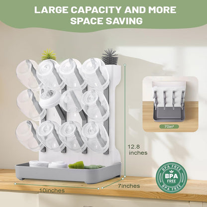 Hranio Baby Bottle Drying Rack Baby Bottle Organizer Drying Rack Space Saving Foldable Dish Can Dry Up to 12 Bottles Large Vertical for Infant Accessories & Pump Parts (Gray)