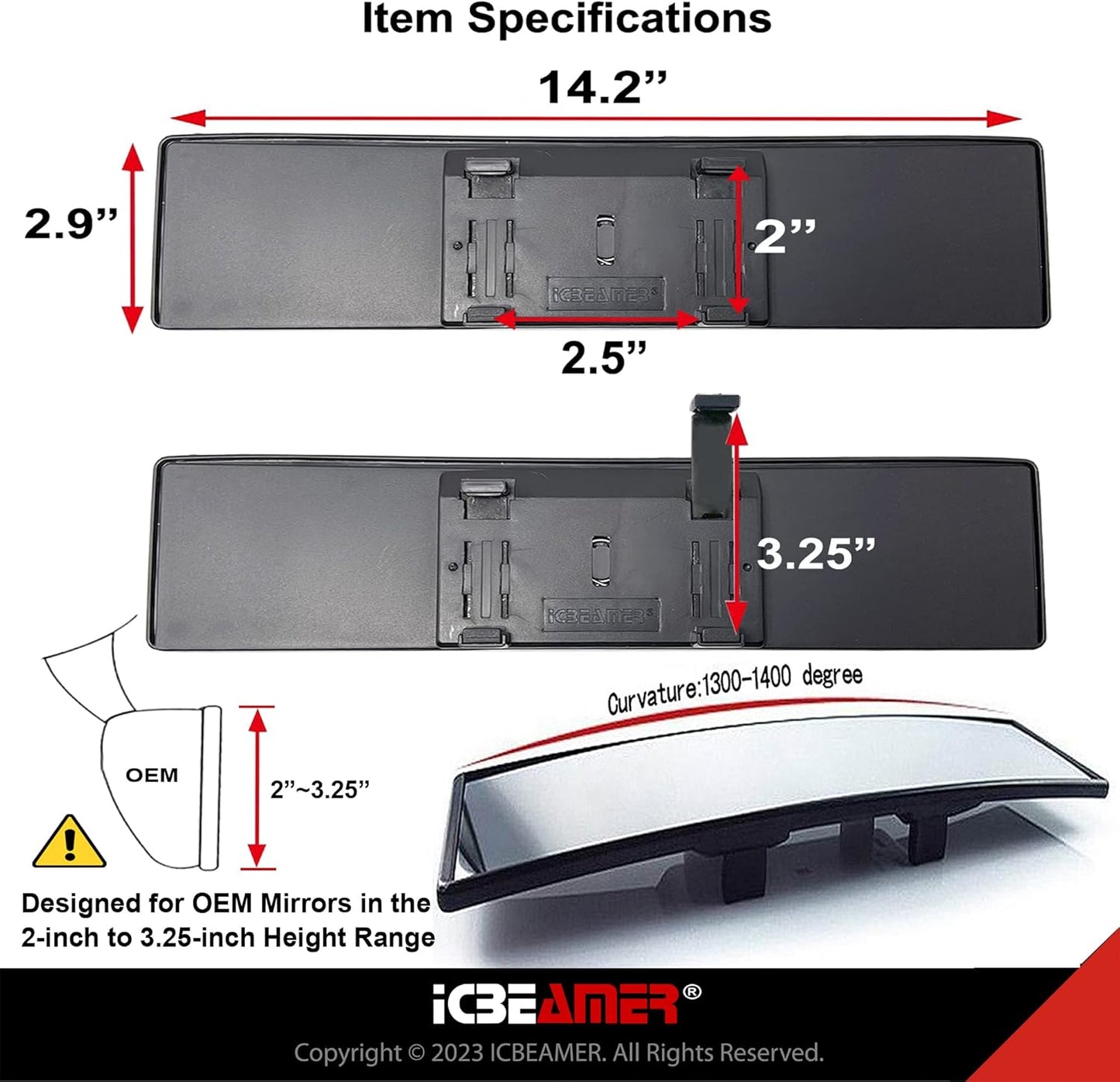 11.8" ICBEAMER Clip On Rear View Mirror | Convex Blue Tint Glass, Panoramic Wide Angle HD Glass, Anti Glare, Universal Fit for Car, SUV, Truck | Eliminates Blind Spots (1 Pack)