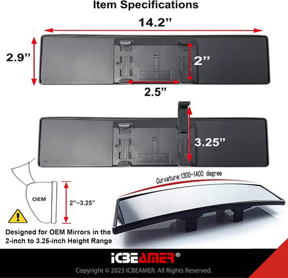 11.8" ICBEAMER Clip On Rear View Mirror | Convex Blue Tint Glass, Panoramic Wide Angle HD Glass, Anti Glare, Universal Fit for Car, SUV, Truck | Eliminates Blind Spots (1 Pack)