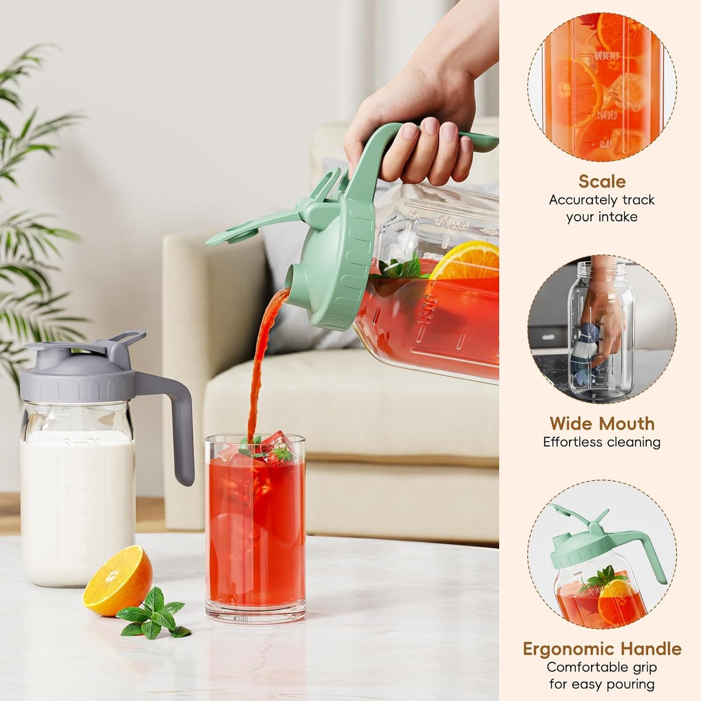 JunVpic Breast Milk Pitcher - 32 oz Glass Mason Jar with Dual Leak-Proof Design, Airtight Seal, Pour Spout & Handle, Storage Container for Breastmilk, Iced Tea & Ice Drinks（Gray）