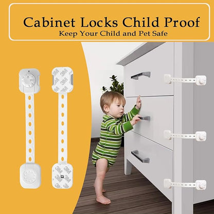Fursafe&Q Child Safety Cabinet Locks, Baby Cabinet Locks Adhesive Adjustable Child Safety Strap Locks Drawer Fridge Ovens Toilet Latches No Screws for Furniture Kitchen White 2Pack