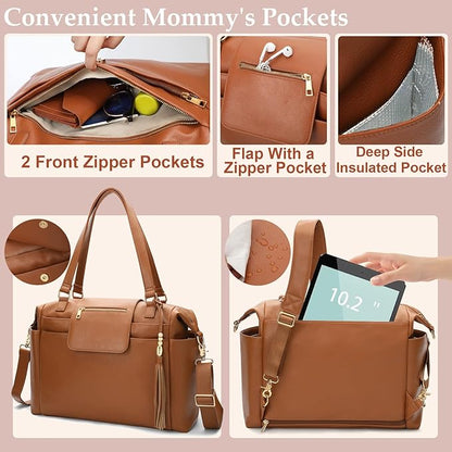 Omanmoli Diaper Bag Tote Leather Diaper Bag Backpack Large Baby Bag 14 Diaper Organizing Pouches,Changing Pad,Crossbody Strap,4 Insulated Pockets,Brown