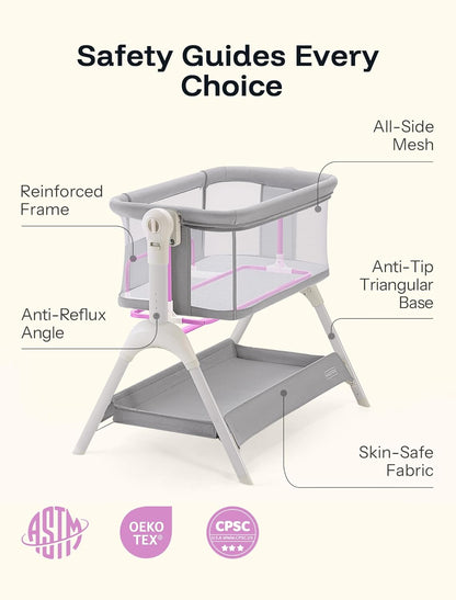 HARPPA Cuddly Sway Baby Bassinet Bedside Sleeper, 3 in 1 Rocking Bassinet with Mattress and Soft Cover, Full Mesh Sides, 5 Height Adjustable with Wheels for Newborns, Beige