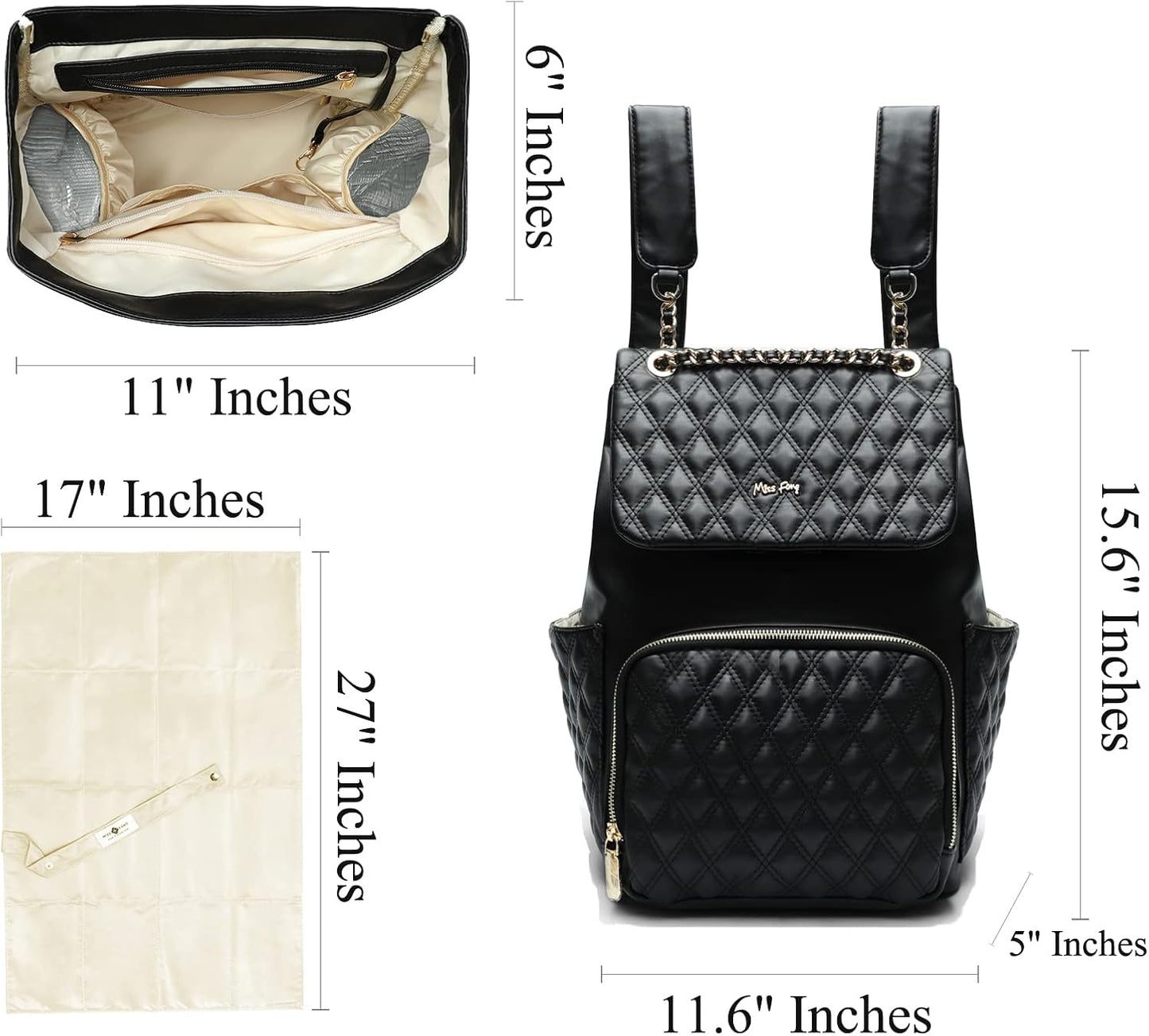 miss fong Diaper Bag Backpack Baby Diaper Bag for baby boy and girls, Leather Baby Bag with 13 diaper bag organizing pouches, Changing Pad, Stroller Straps and 4 Insulated Pockets(Black)