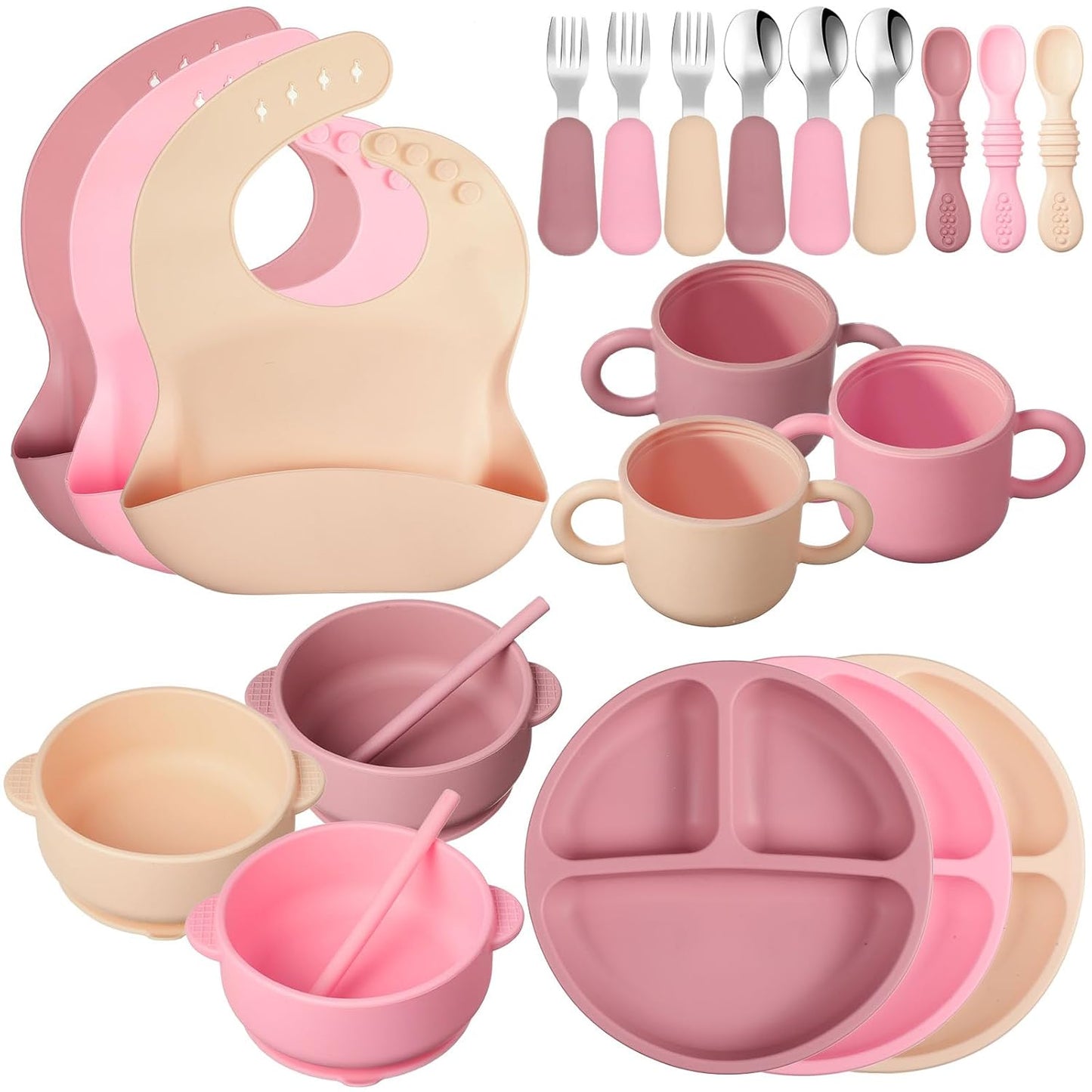 24 Pack Silicone Baby Feeding Set Baby LED Weaning Supplies Includes Suction Divided Plates Soft Bowl Spoons Forks Adjustable Bib Snack Cup and Straws(Gray Blue, Army Green, Beige)
