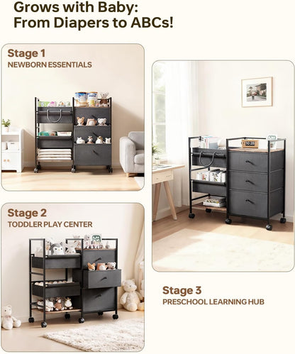 2-in-1 Baby Diaper Caddy Organizer and Storage-3 Tier Rolling Baby Cart with Dividers and Drawers, Baby Essentials for Nursery Storage, Mobile Utility Cart with Wheels Large Capacity Easy To Assemble